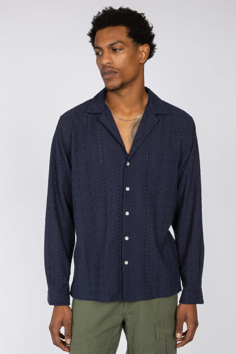 Long Sleeve Camp Collar Shirt - Navy Eyelet