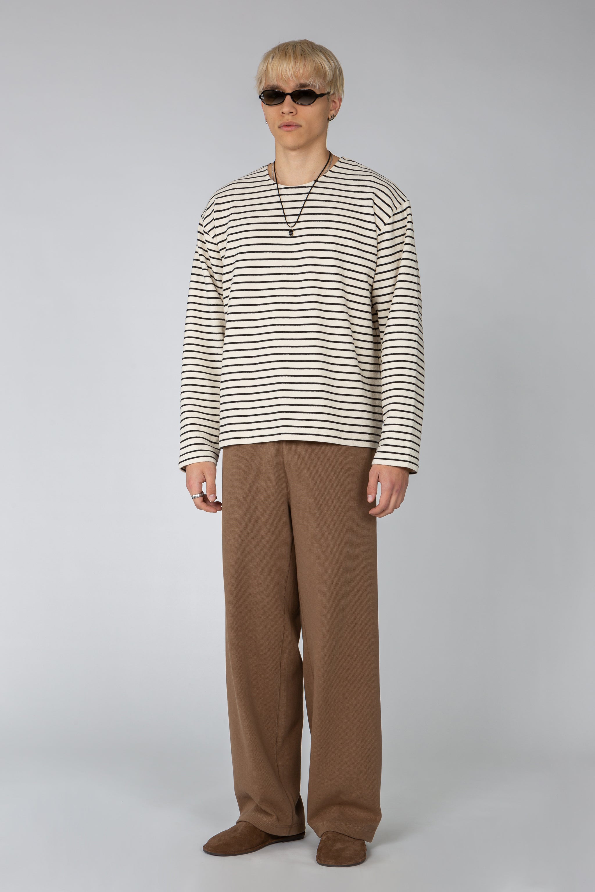 Long Sleeve Oversized Top - Ecru / Black Stripe Slub
