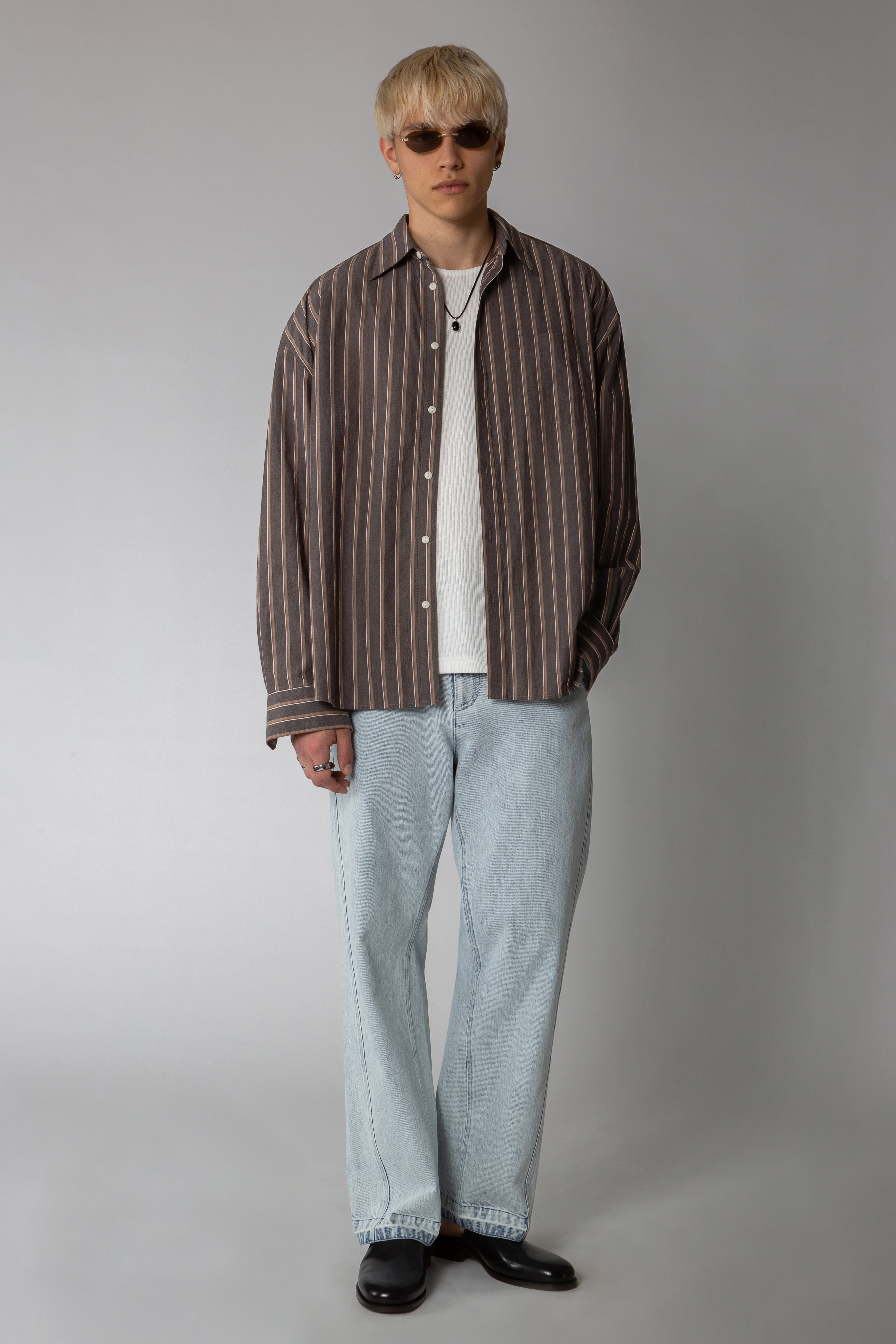 Ultra Oversized Button Down Shirt Coffee Stripe