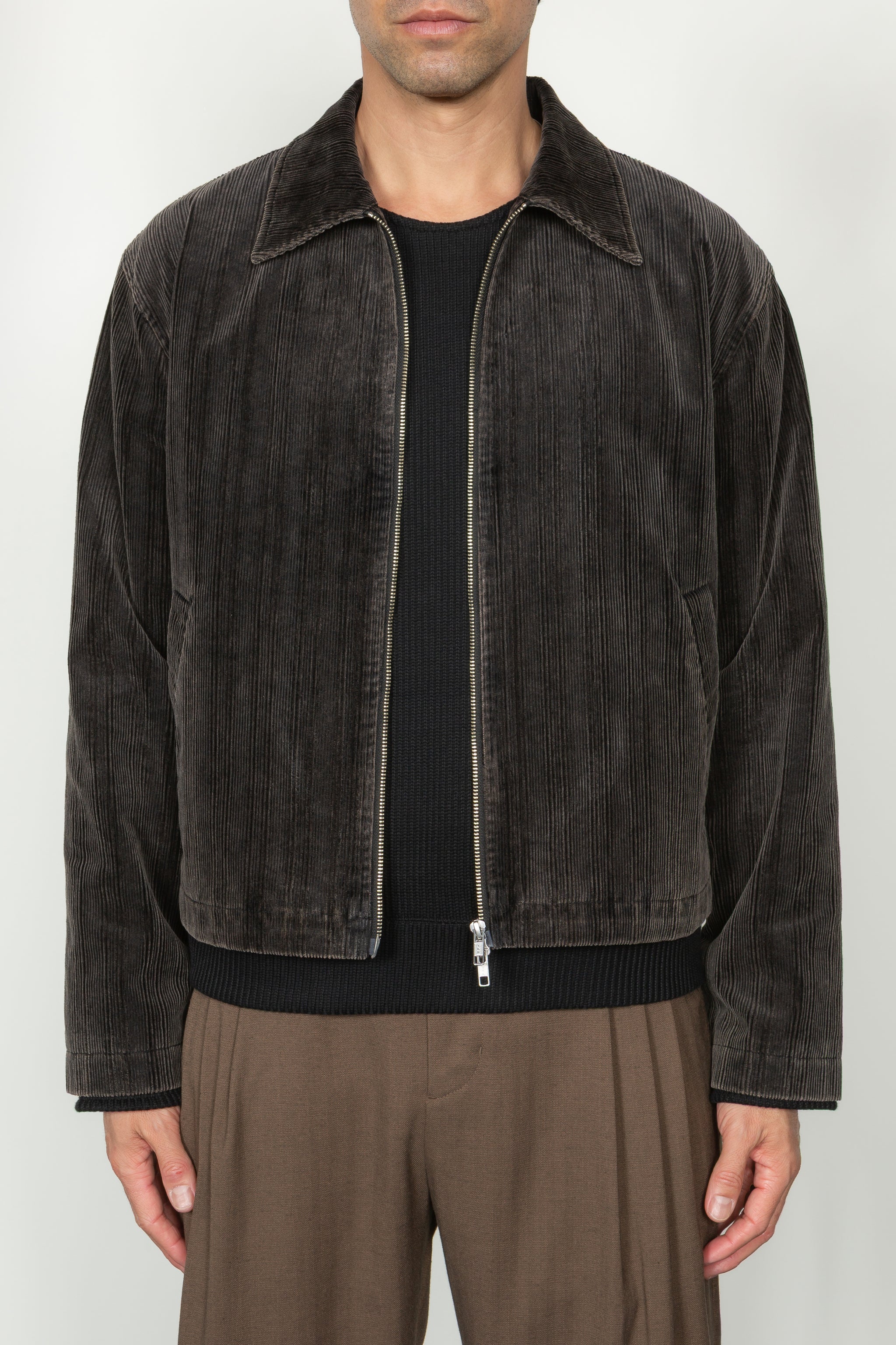 Collared Zip Front Jacket - Enzyme Washed Black Corduroy – SHADES