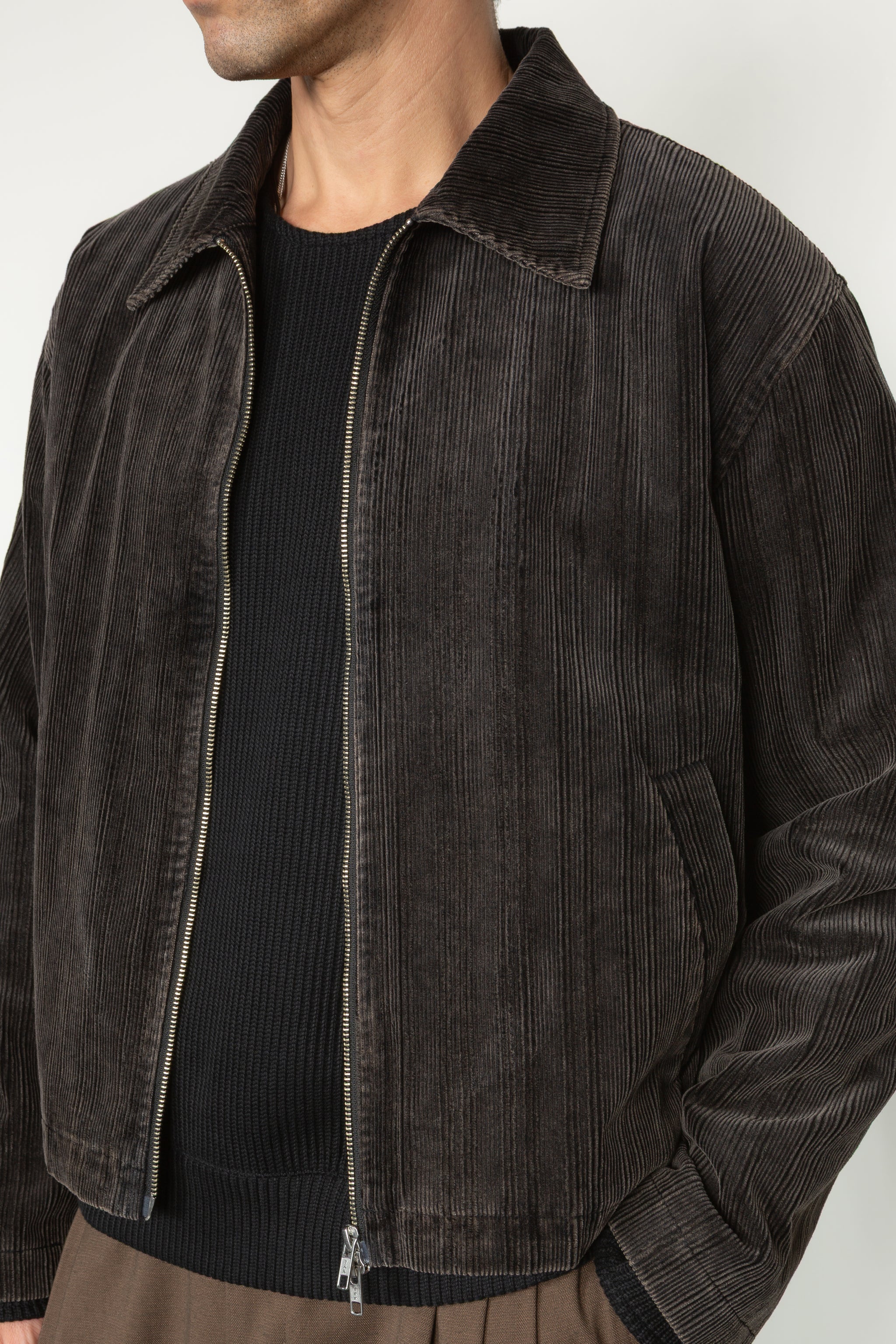 Collared Zip Front Jacket - Enzyme Washed Black Corduroy – SHADES