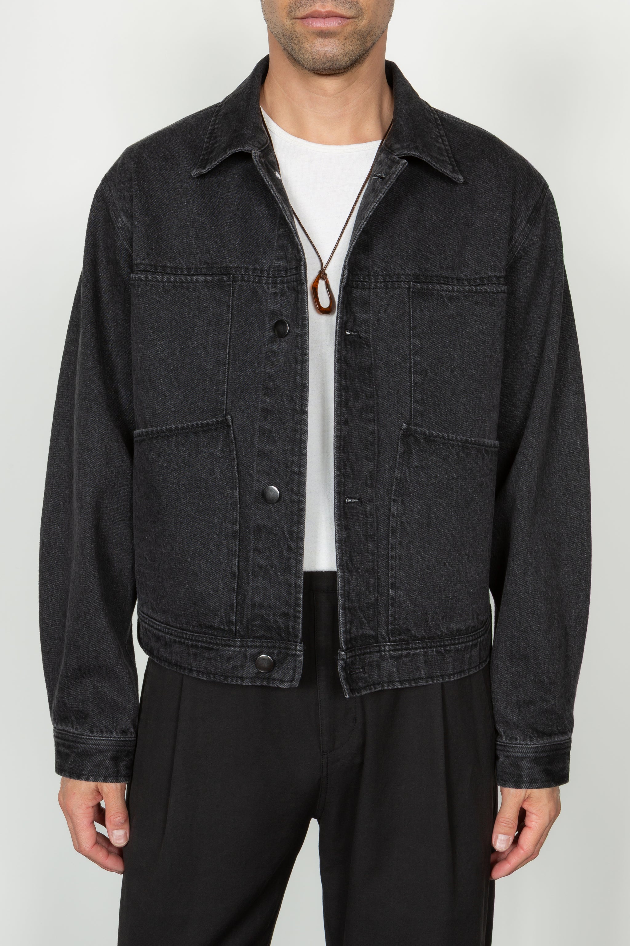 Cropped Four Pocket Trucker Jacket - Washed Black Denim XL Cropped Four Pocket Trucker Jacket - Washed Black Denim XL