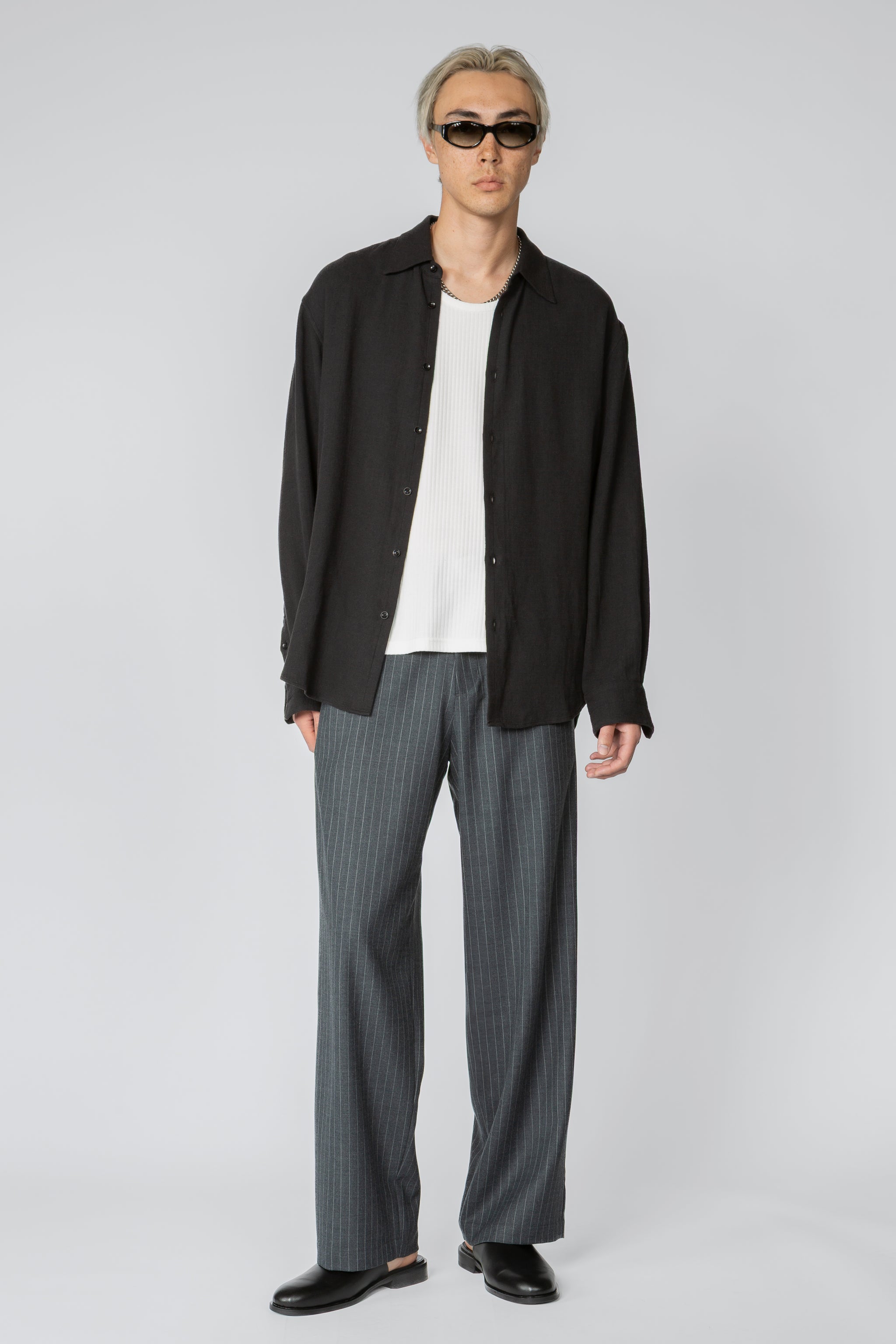 Wide Leg Single Pleat Trouser - Charcoal Chalk Stripe